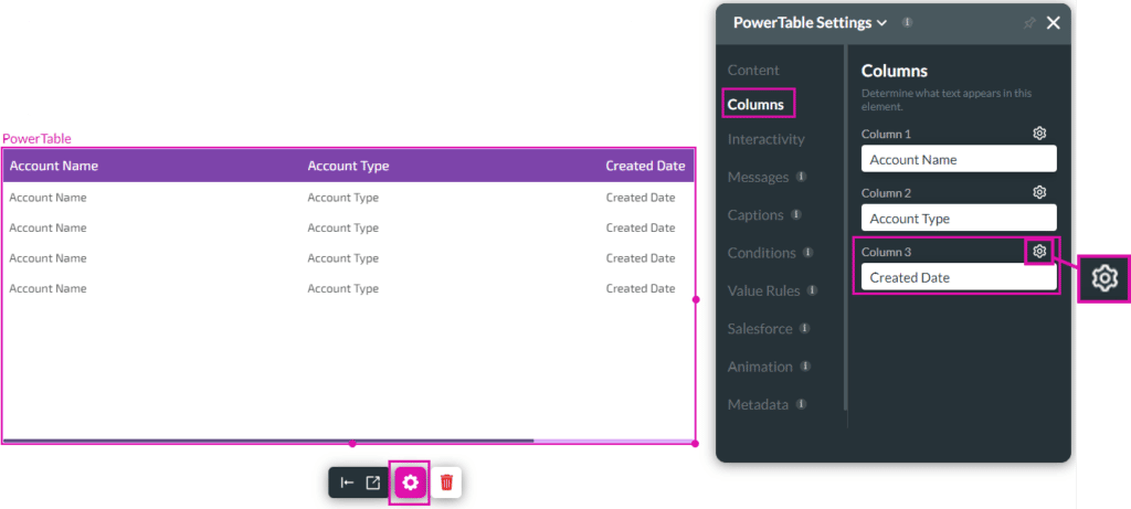 Column Settings screen