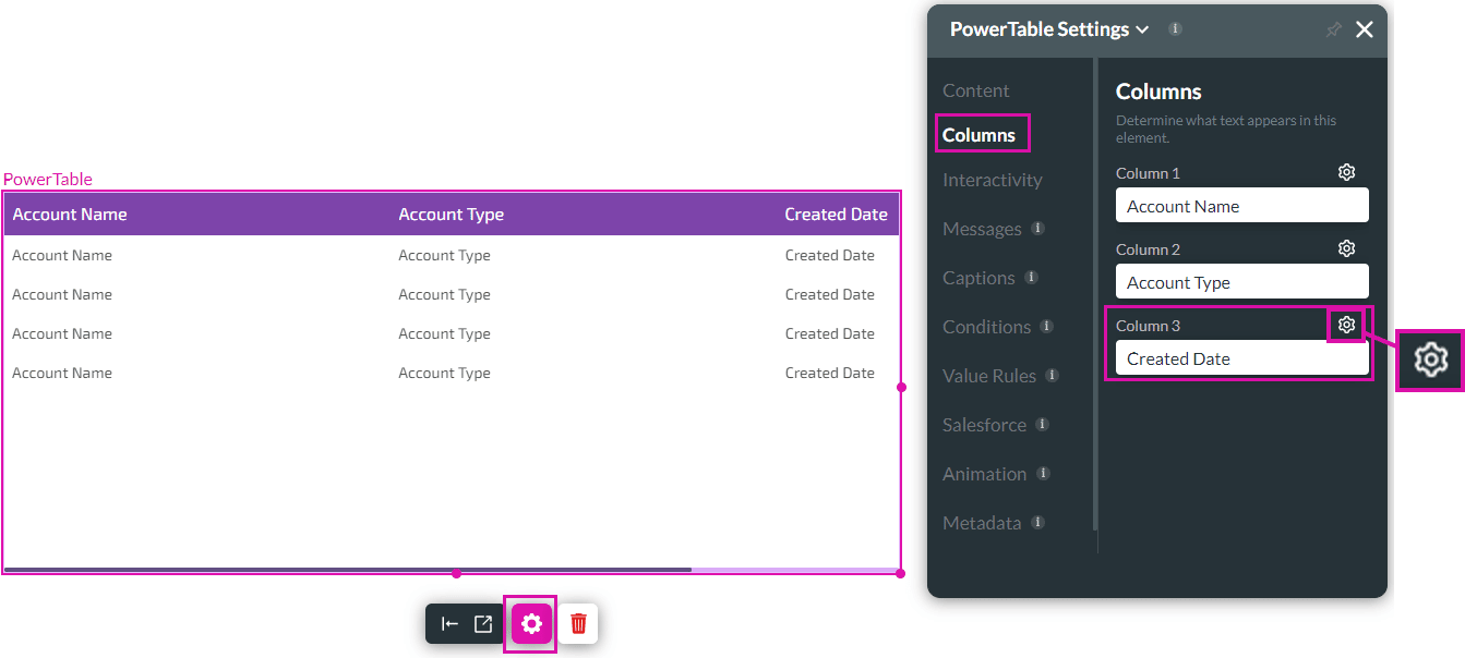 Column Settings screen