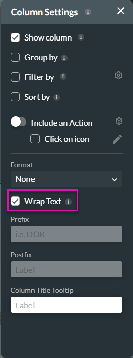 Column Settings screen