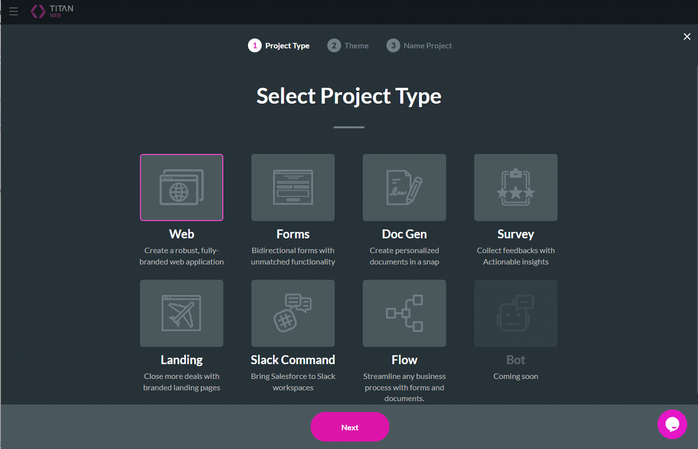 Project Type screen