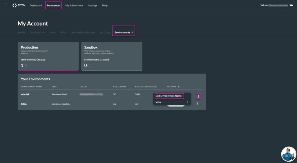 Edit Environment Name option