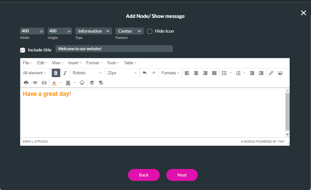 Add Node/Show message screen