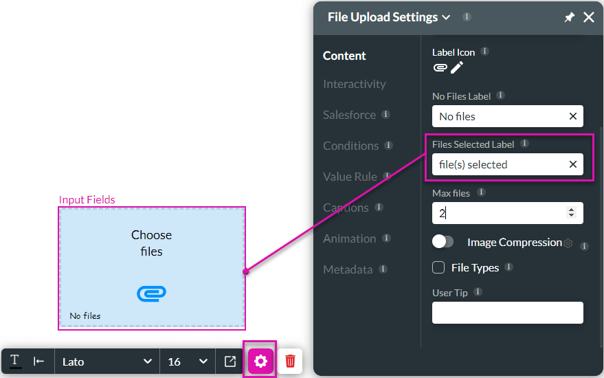 Files Selected Label option screen