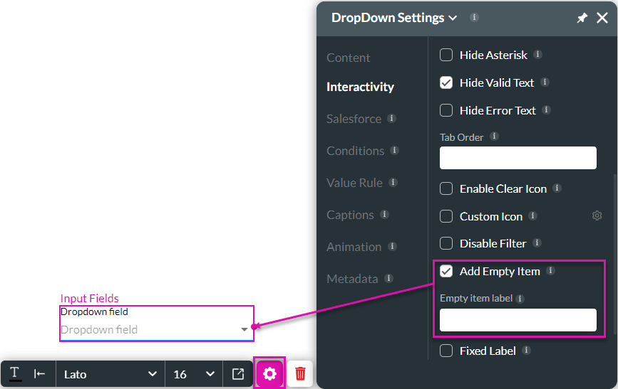 Add Empty Item option screen
