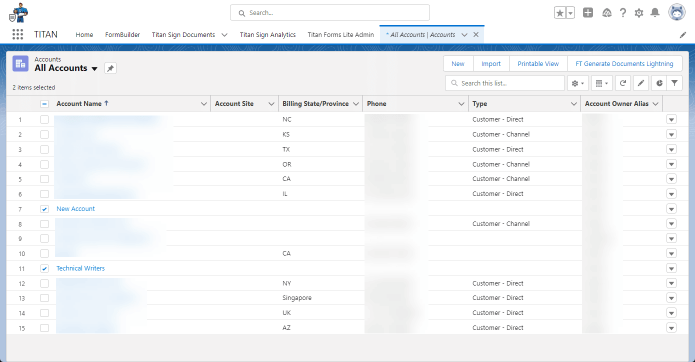 Accounts - List view