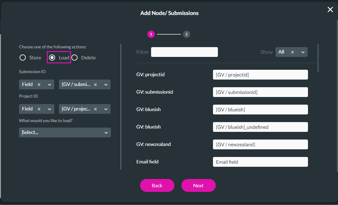 Add Node/Submissions screen