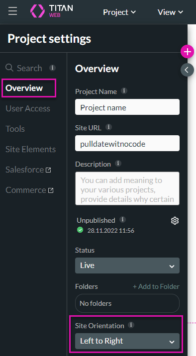 Site orientation option screen