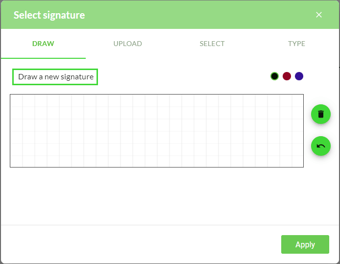 Select signature screen