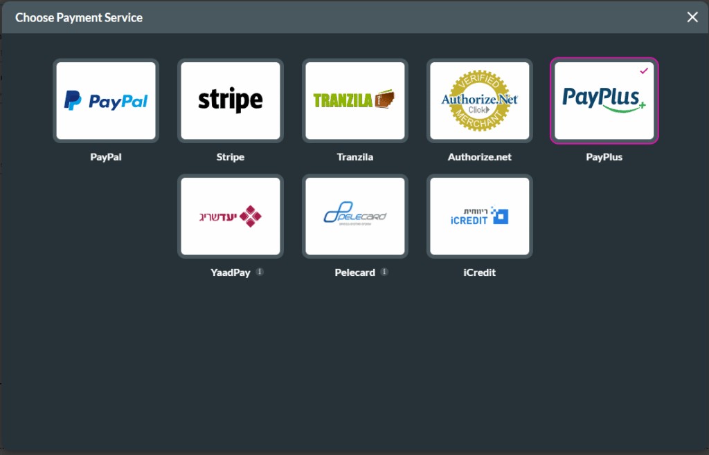 Choose Payment Service screen