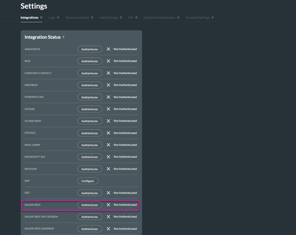 Integration Status for Salesforce