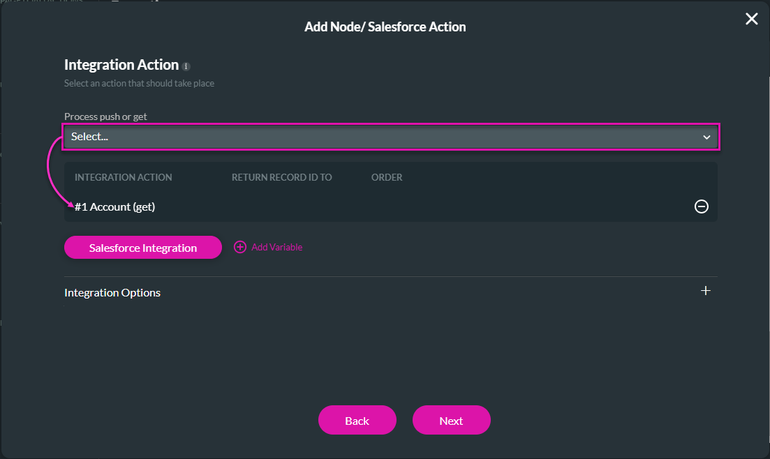 Add Node/Salesforce Action screen
