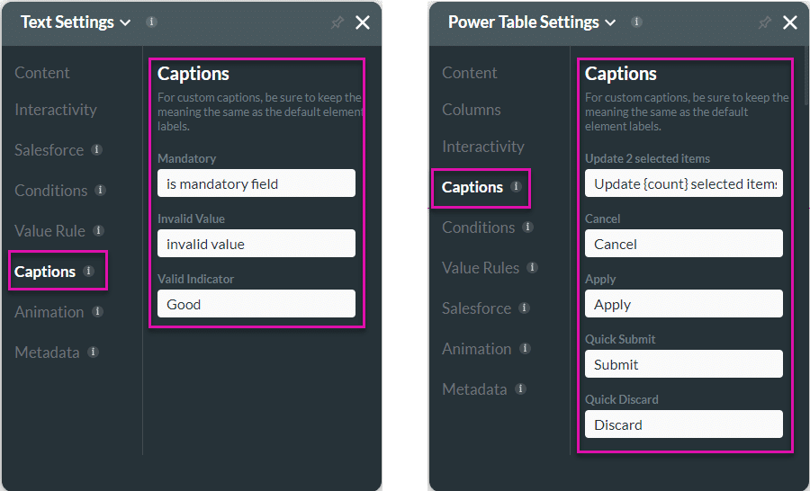 Captions option (example)