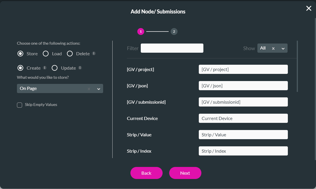 Add Node/Submissions screen - Step 1