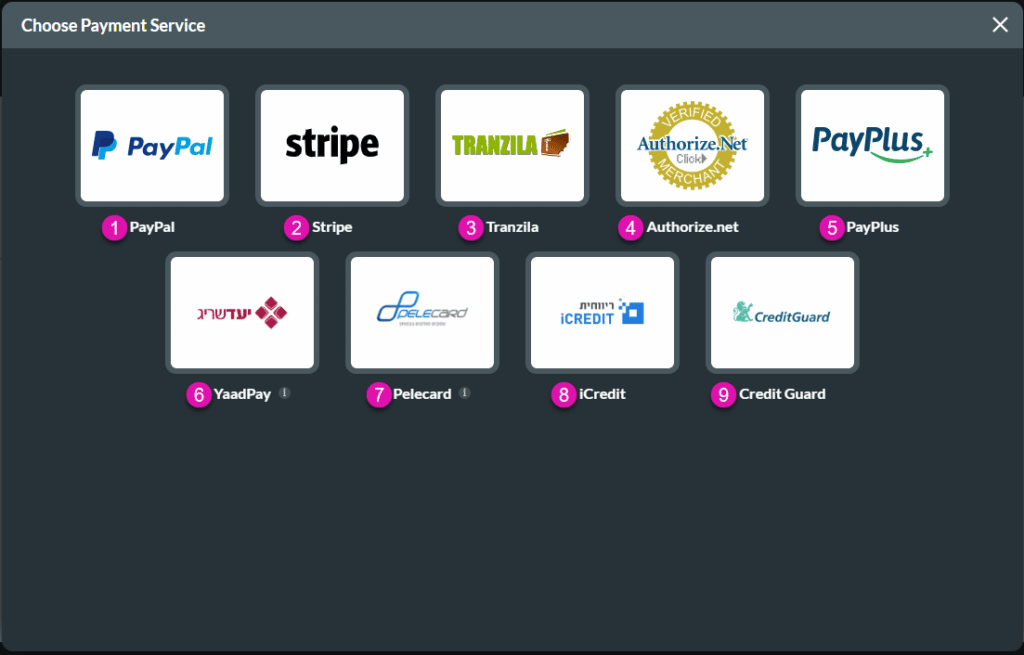 Choose Payment Service screen
