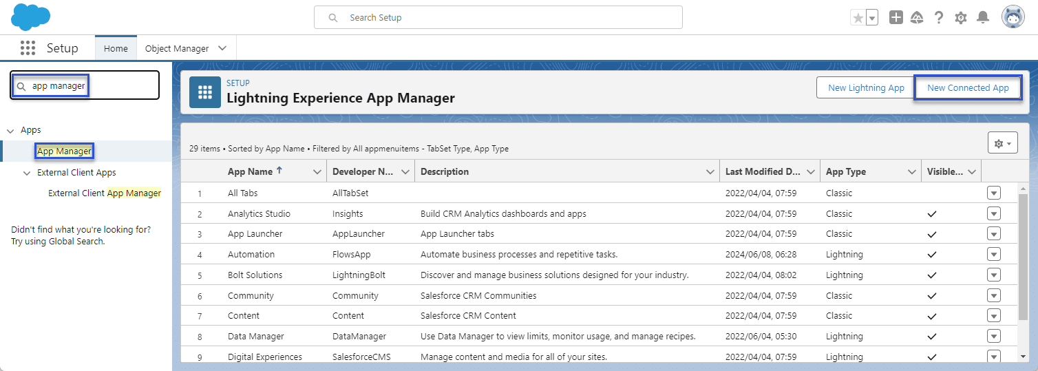 Lightning Experience App Manager screen