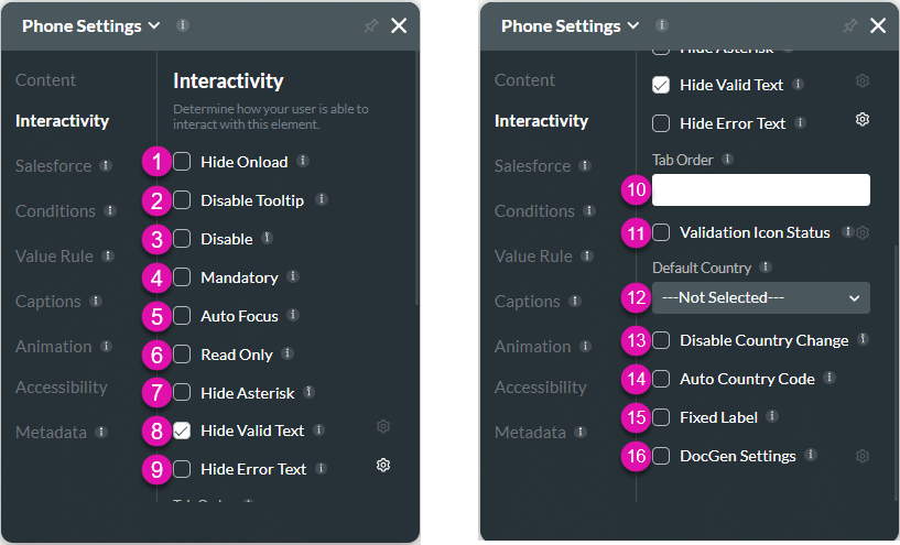 Interactivity settings screen