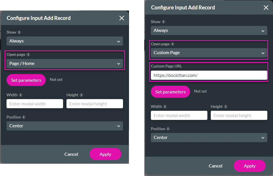 Configure Input Add Record screen