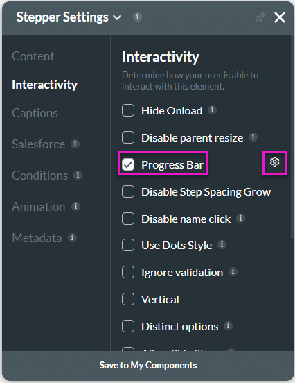 Progress bar checkbox and Gear icon