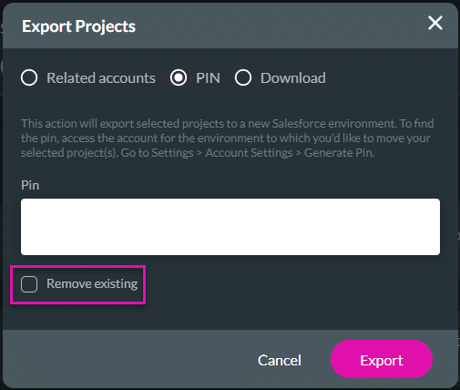 Export Projects screen - PIN option