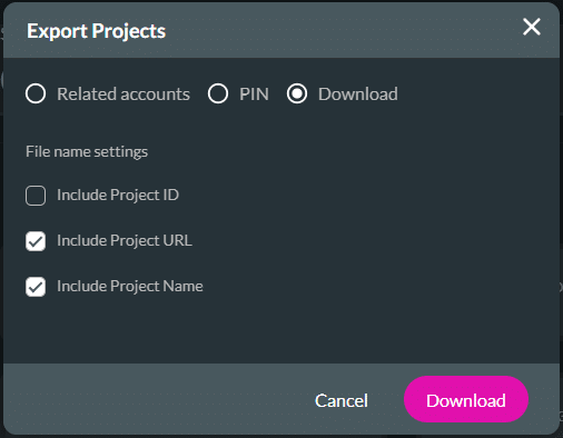 Export Projects screen - Download option