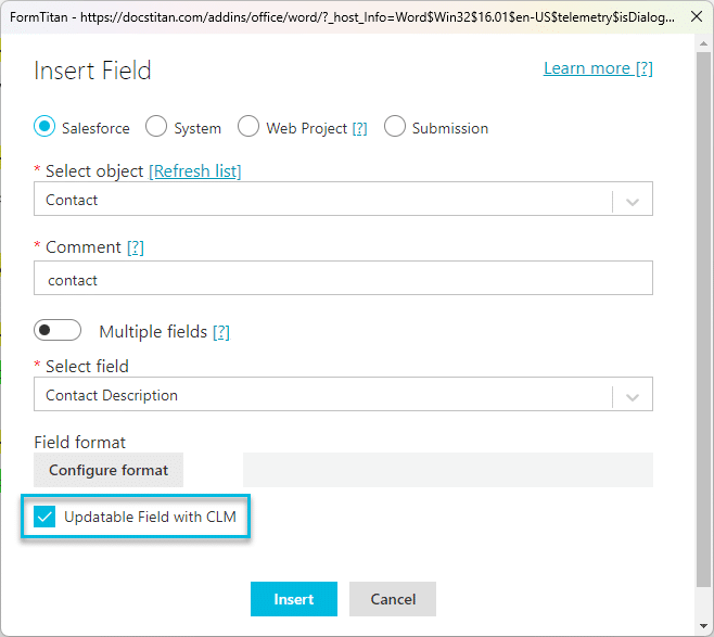 Updatable field with Titan CLM for Salesforce Doc Gen