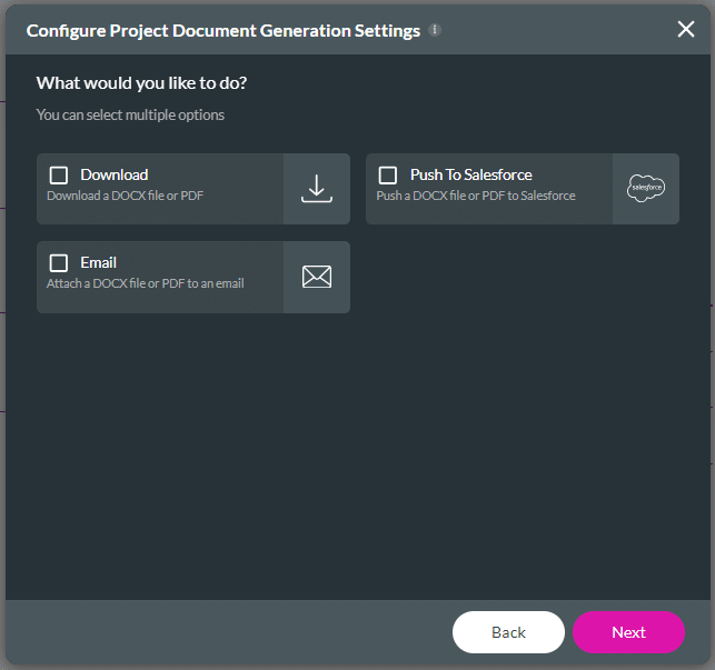 Configure Project Document Generation Settings screen