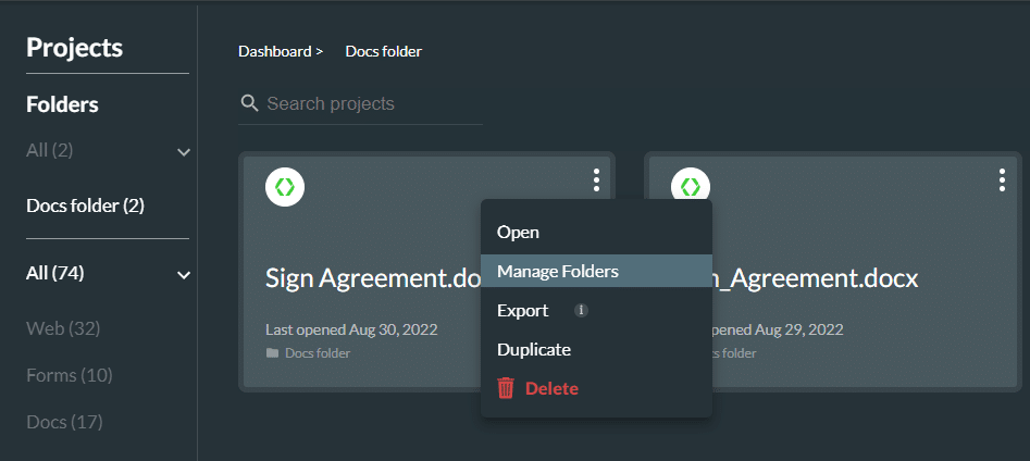 Manage Folder option