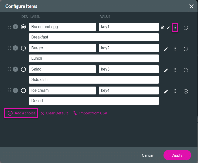 Configure Items screen