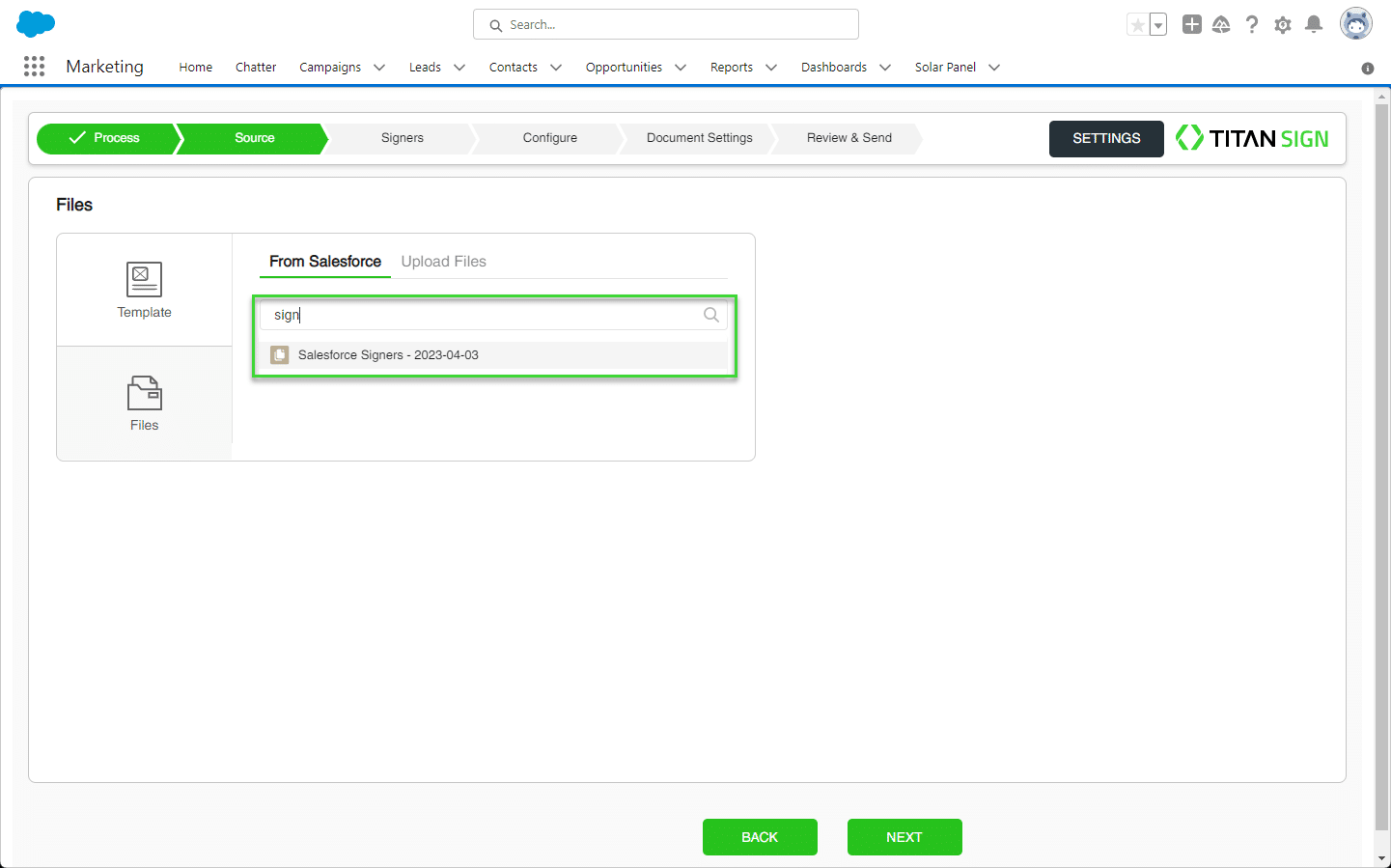 Source screen - From the Salesforce option search