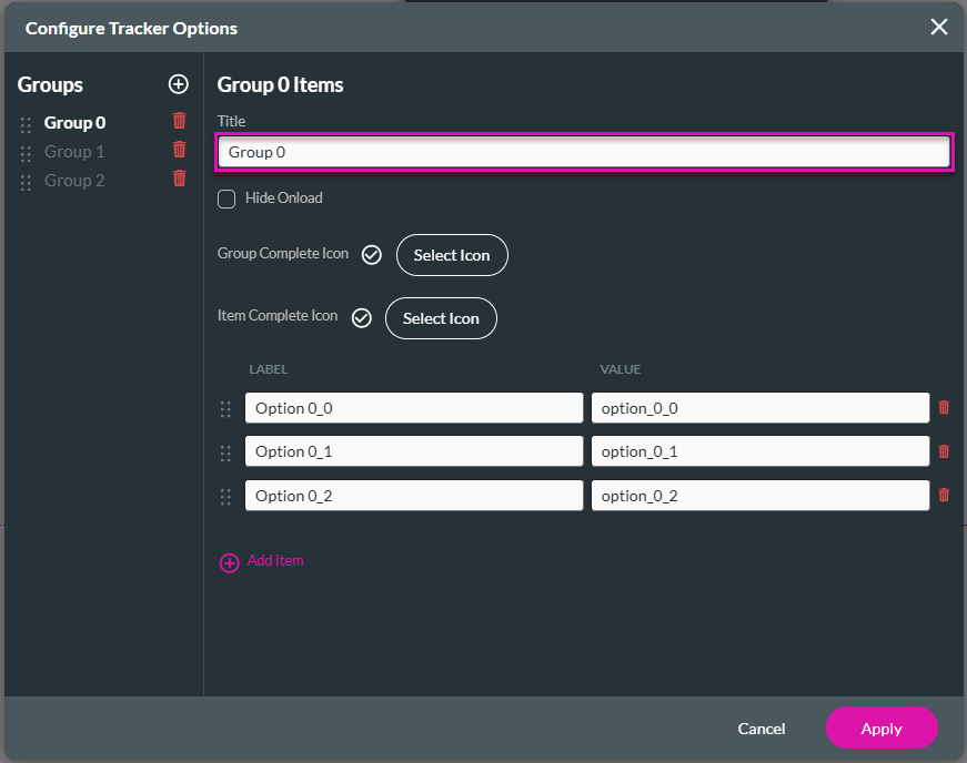 Configure Tracker Options screen