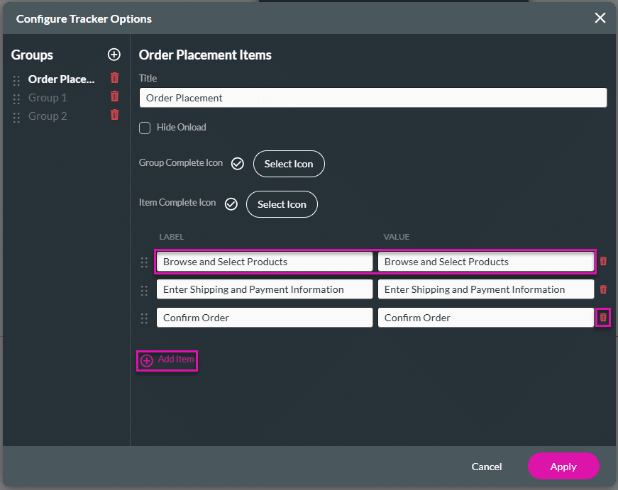 Configure Tracker Options screen