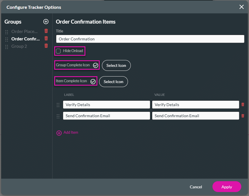 Configure Tracker Options screen