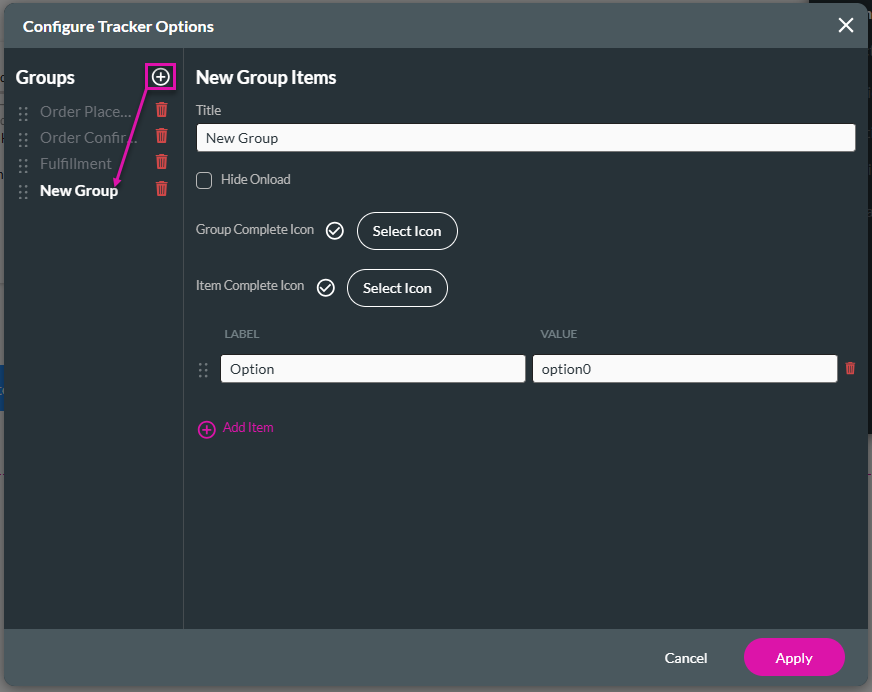 Configure Tracker Options screen