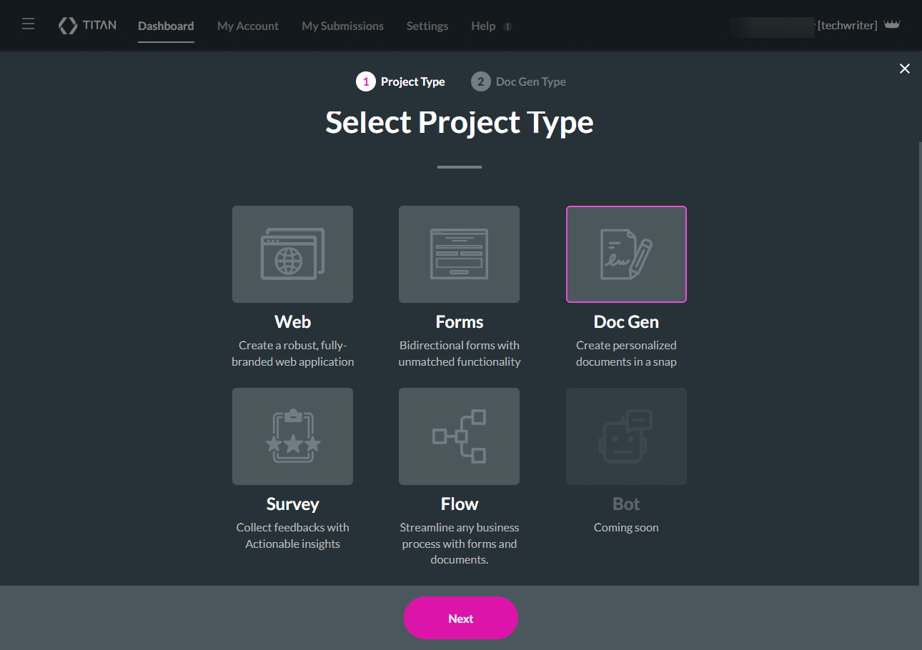 Doc Gen project type on screen