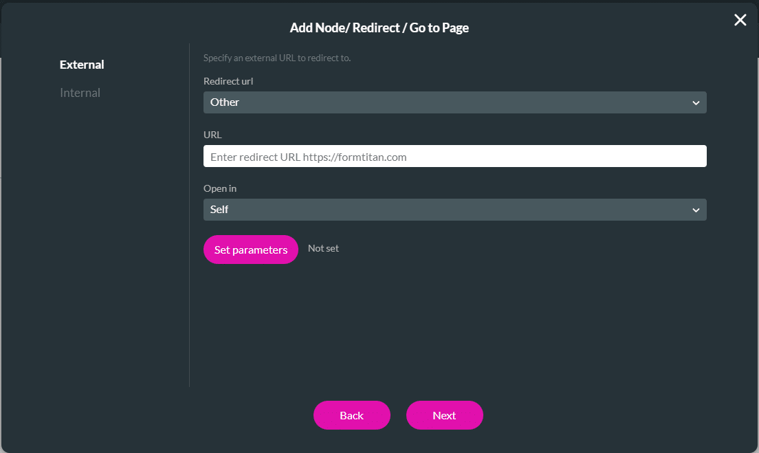 Redirect/Go to Page screen