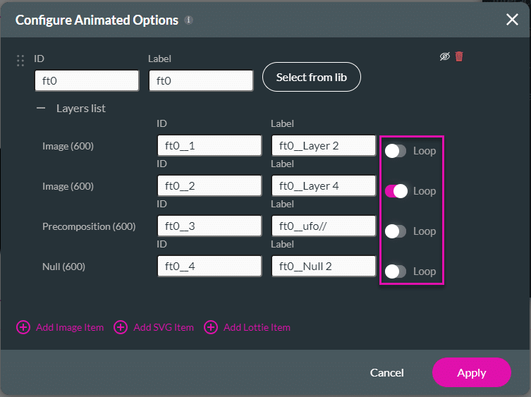 Configure Animated Options screen