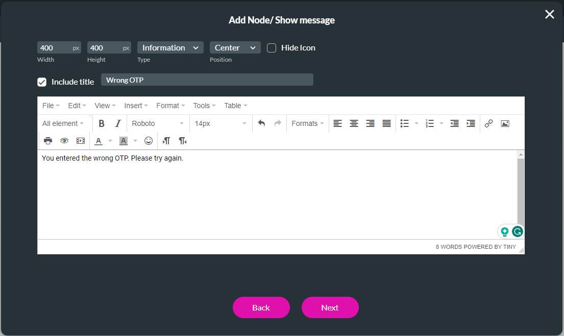 Add Node/Show message screen