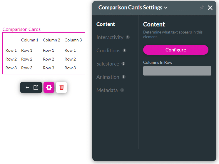 Comparison Card settings