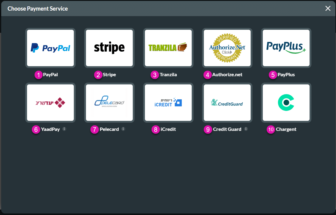 Choose Payment Service screen