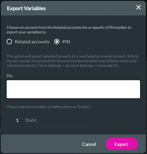 Export variables screen