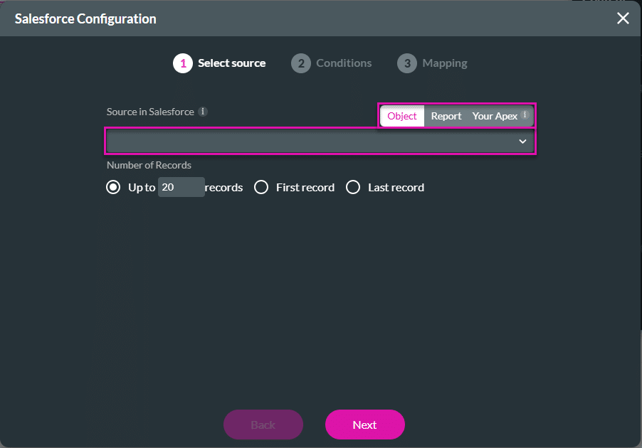 Salesforce Configuration screen > Select source