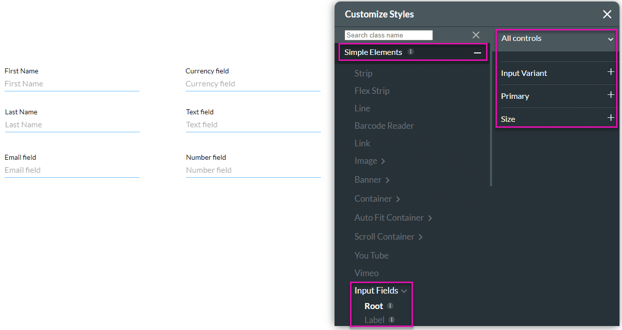 Customize Styles screen