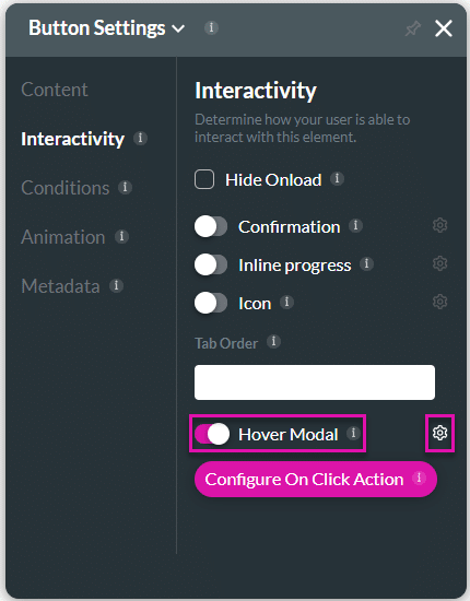 Hover Modal toggle switch and Gear icon