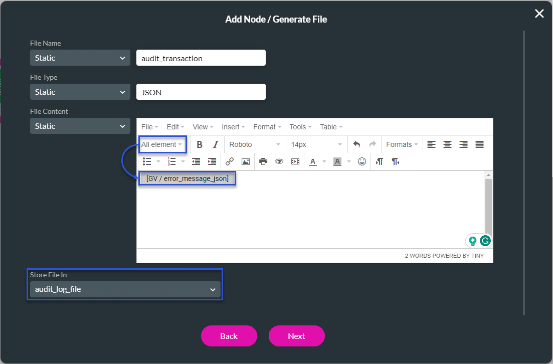 Add Node/Generate File screen
