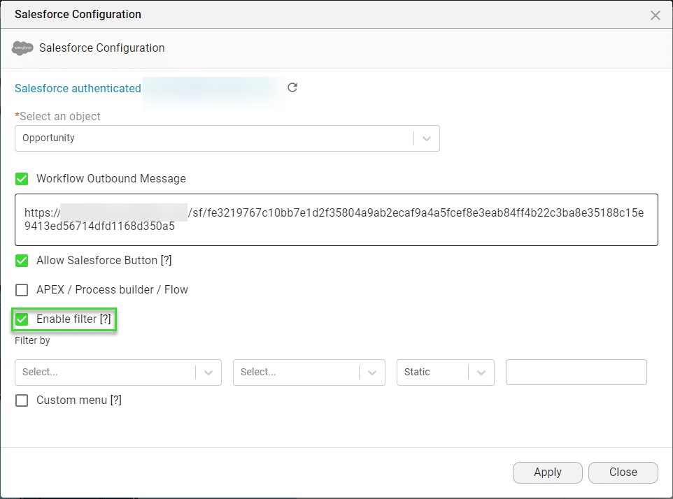 Enable filter checkbox