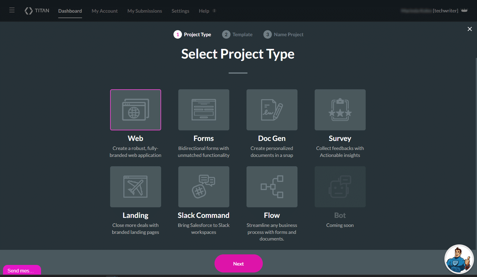 Select Project Type screen - Web option