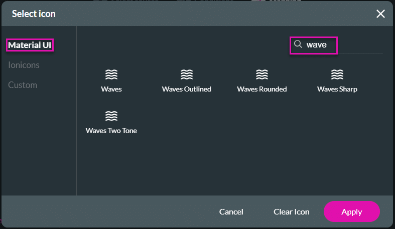 Select Icon screen - Material UI option