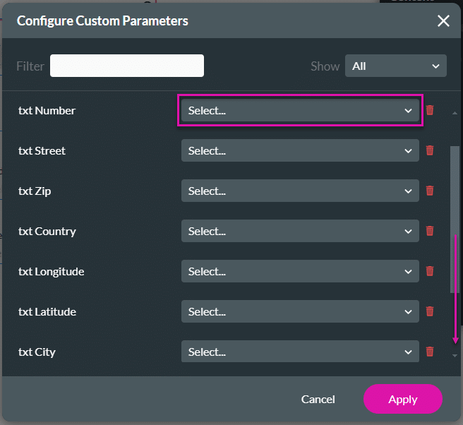 Configure Custom Parameters screen
