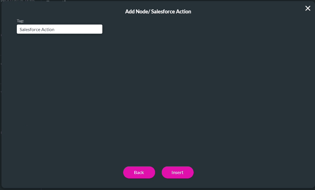 Add Node/Salesforce Action screen
