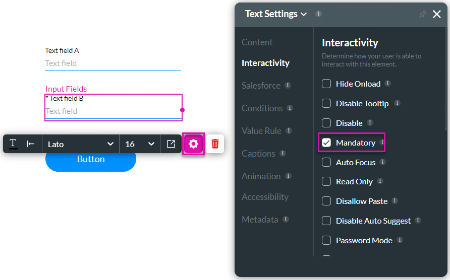 Text Settings screen